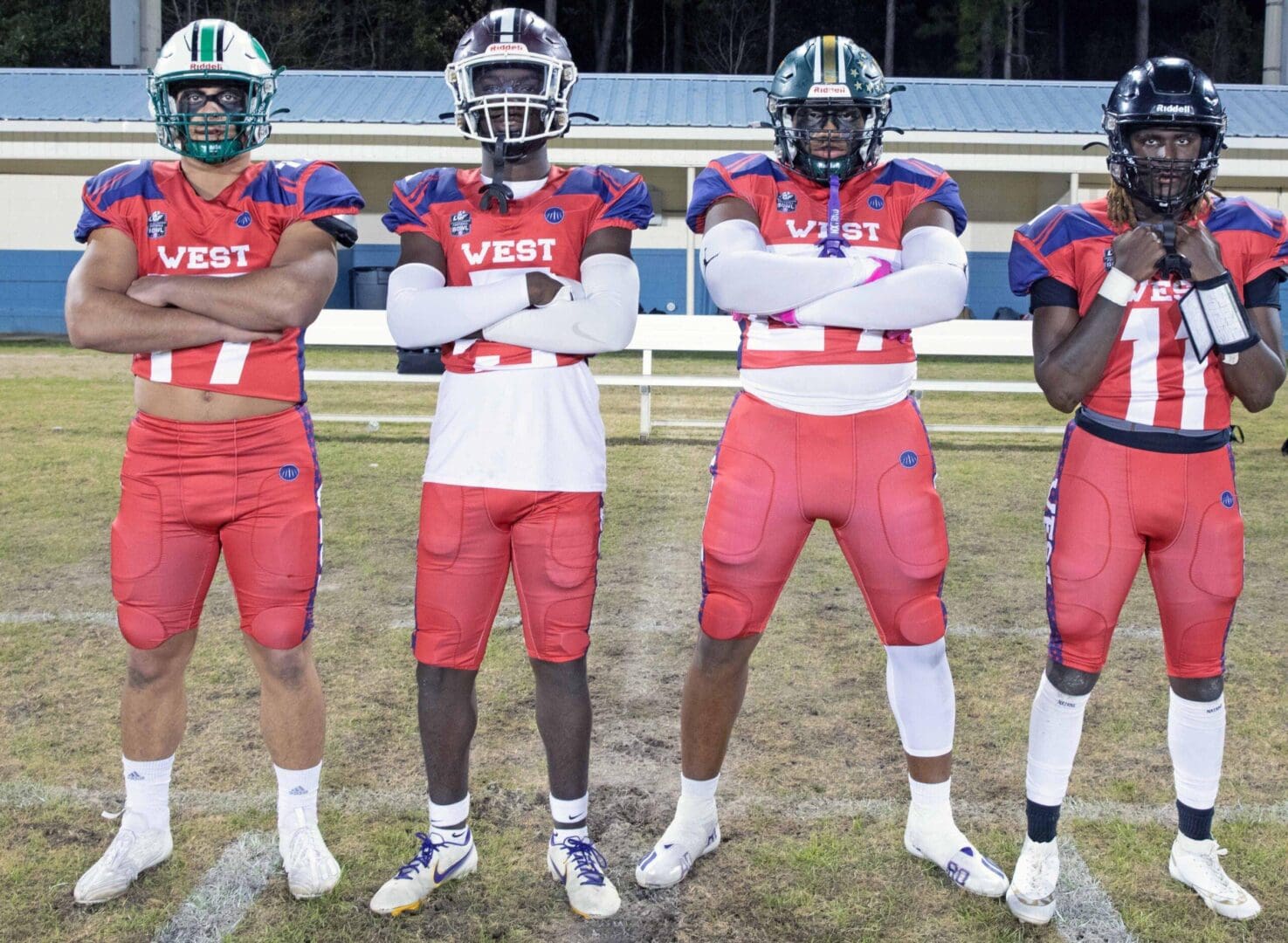 2022 Gridiron Football All-Americans that played in Orange Beach, AL for the West Team. Players from Left to Right are: Eunice High School LB Hayden Darbonne Signswith University of Louisiana, Central High School (B.R.) DB Kameron Triplett Signs With Louisiana Christian, Blessed Trinity of Georgia DE Kieran Davis Signs With East Carolina, Patterson High School QB Caylon Davis Signs With Lane College.