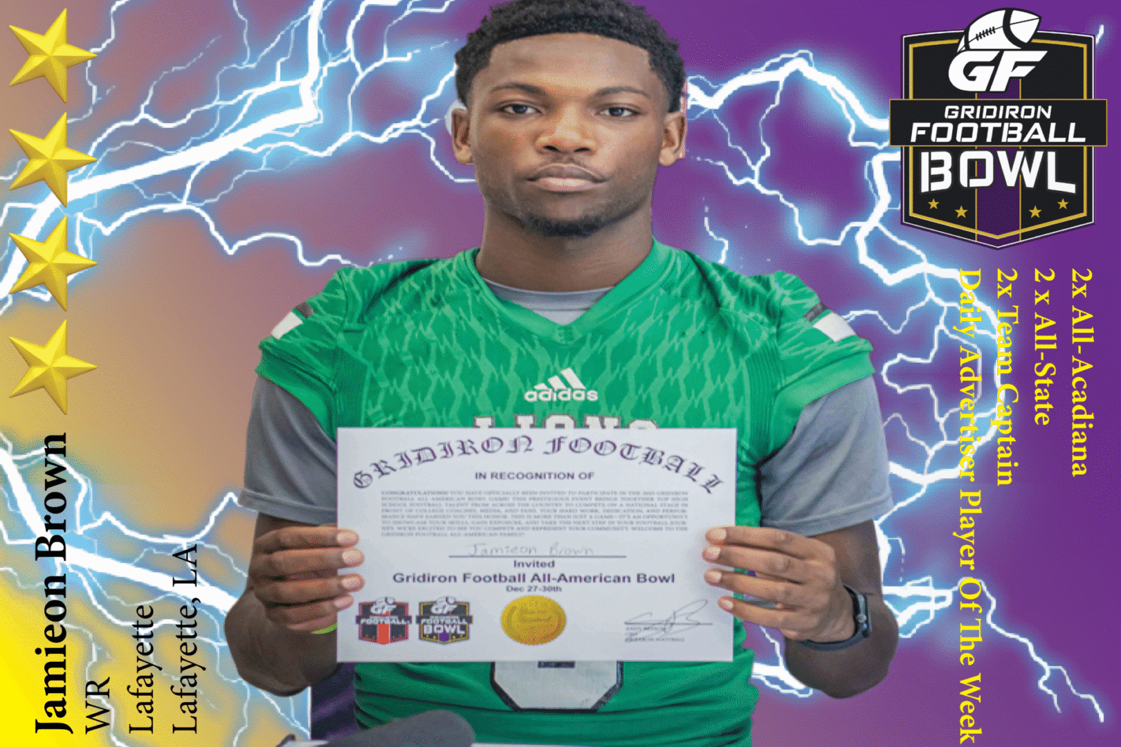 BREAKING NEWS: Lafayette High School (Lafayette, LA) WR Jamieon Brown Commits To 2025 Gridiron Football All-American Bowl Game!